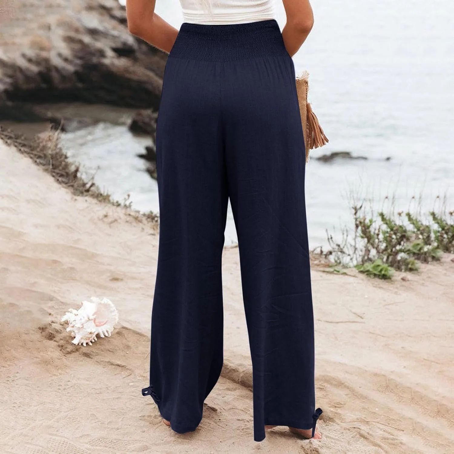 Womens Linen Pants Smocked Waisted Wide Leg Pants Summer Casual Beach Pants Baggy Comfy Yoga Pants with Pockets