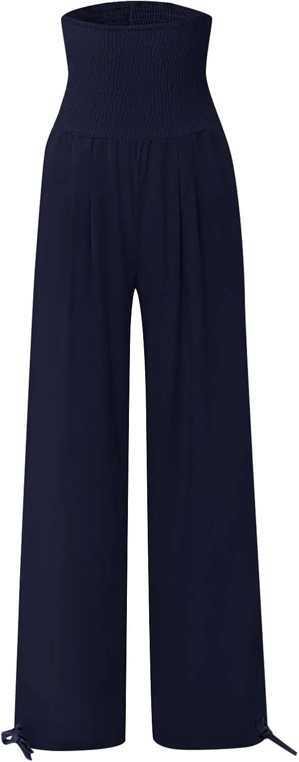 Womens Linen Pants Smocked Waisted Wide Leg Pants Summer Casual Beach Pants Baggy Comfy Yoga Pants with Pockets