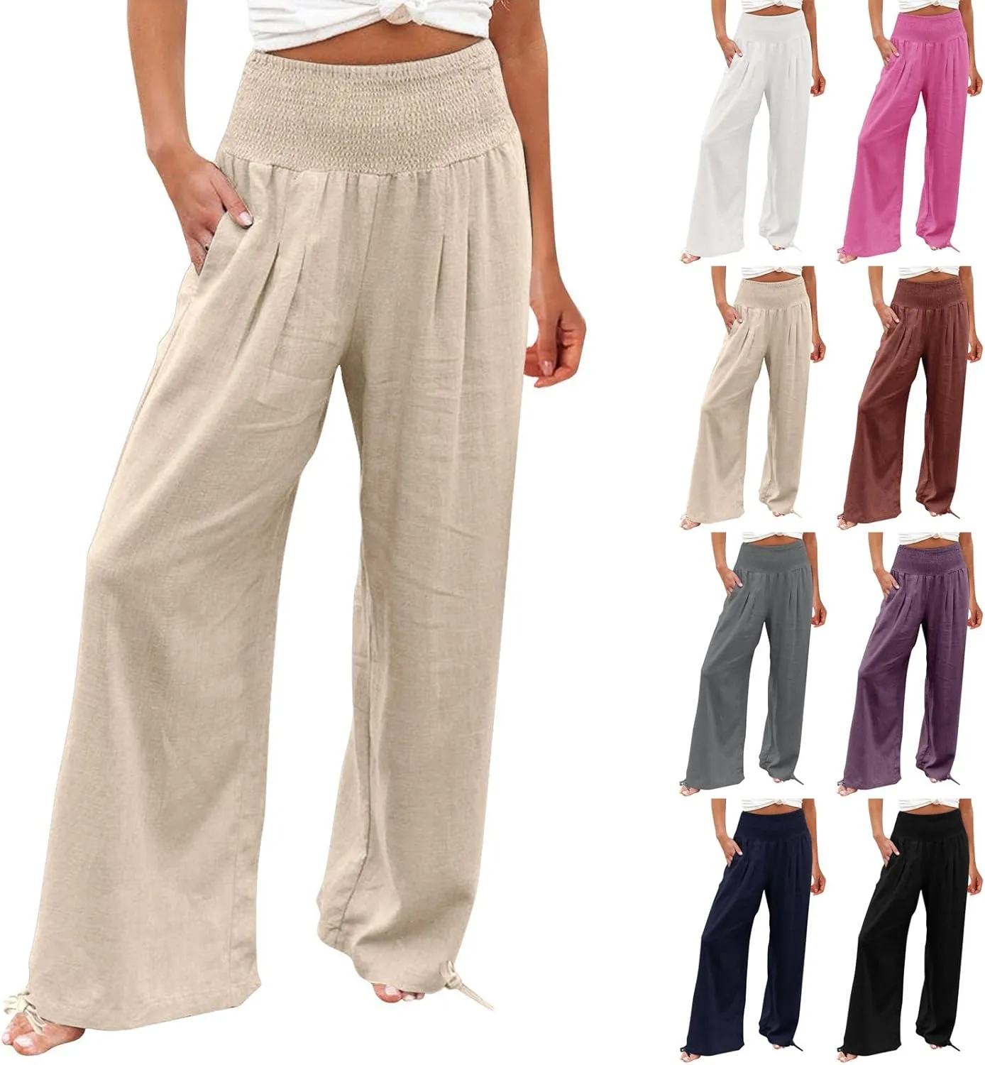 Womens Linen Pants Smocked Waisted Wide Leg Pants Summer Casual Beach Pants Baggy Comfy Yoga Pants with Pockets