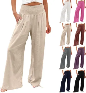 Womens Linen Pants Smocked Waisted Wide Leg Pants Summer Casual Beach Pants Baggy Comfy Yoga Pants with Pockets