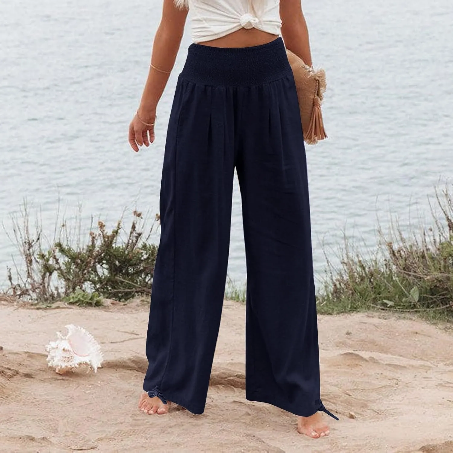 Womens Linen Pants Smocked Waisted Wide Leg Pants Summer Casual Beach Pants Baggy Comfy Yoga Pants with Pockets