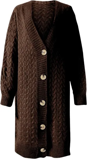 Womens Long Oversized Cardigan Chunky Cable Knit Sweaters Lightweight Button Up Open Front Cardigan Coat with Pocket
