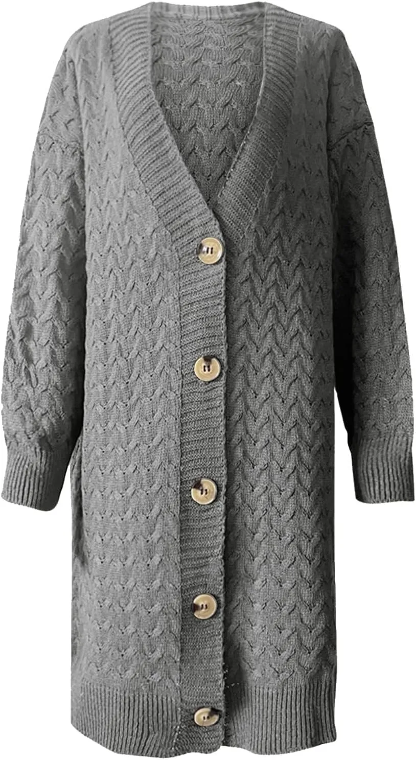 Womens Long Oversized Cardigan Chunky Cable Knit Sweaters Lightweight Button Up Open Front Cardigan Coat with Pocket