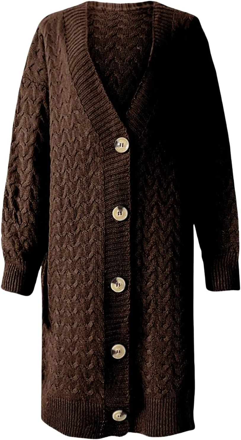 Womens Long Oversized Cardigan Chunky Cable Knit Sweaters Lightweight Button Up Open Front Cardigan Coat with Pocket