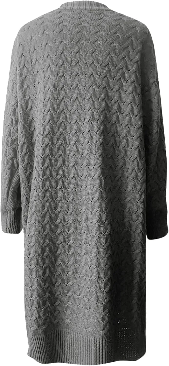 Womens Long Oversized Cardigan Chunky Cable Knit Sweaters Lightweight Button Up Open Front Cardigan Coat with Pocket
