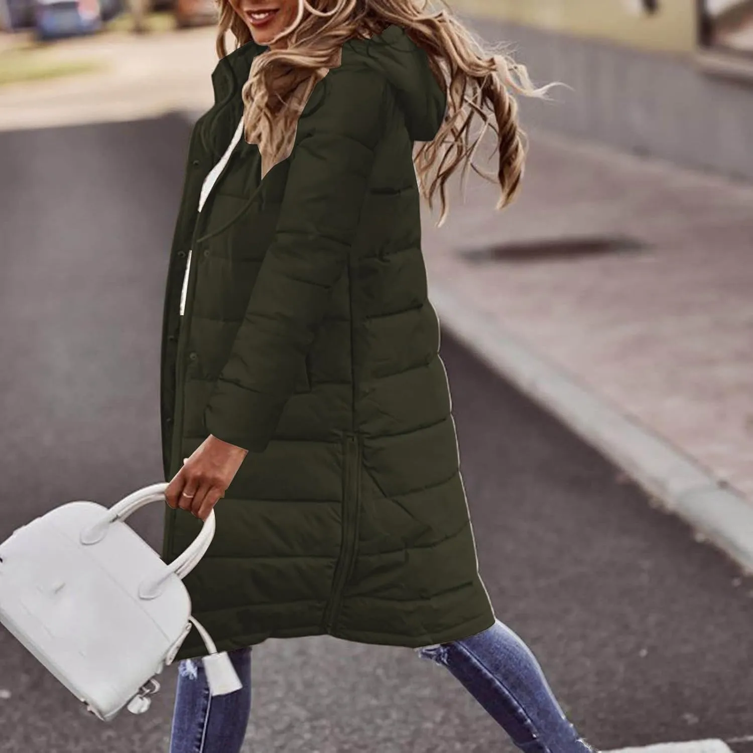 Womens Long Puffer Coats Long Sleeve Hooded Down Jacket Oversized Quilted Zip up Warm Winter Outwear with Pockets
