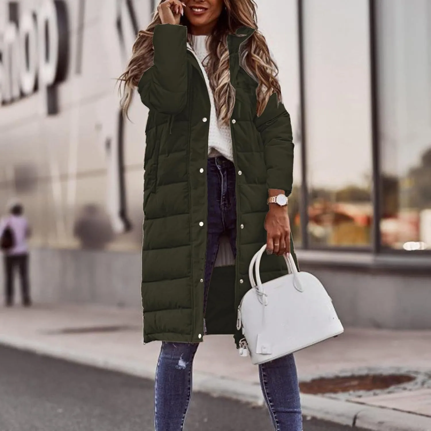 Womens Long Puffer Coats Long Sleeve Hooded Down Jacket Oversized Quilted Zip up Warm Winter Outwear with Pockets
