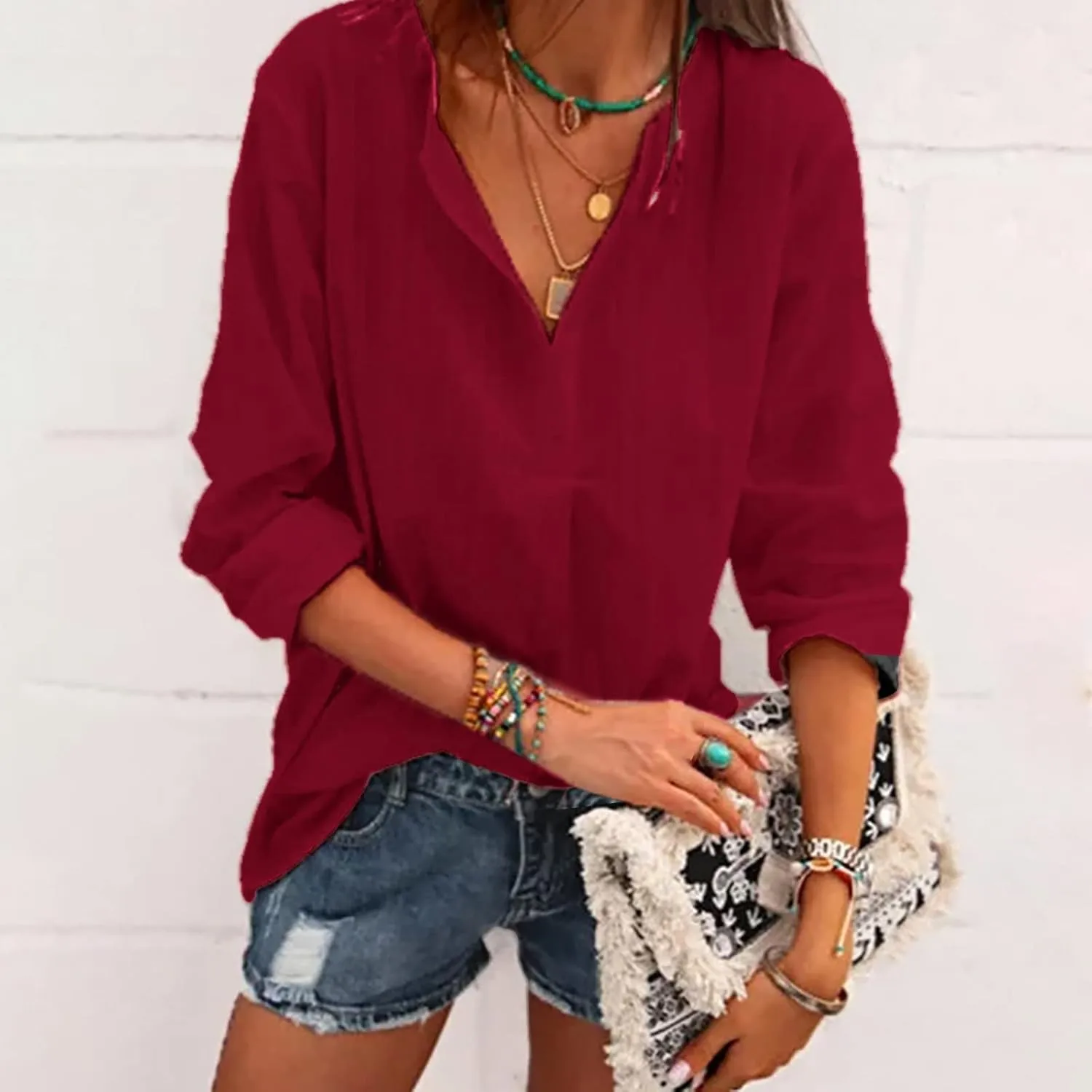 Womens Long Sleeve Cotton T Shirts Summer Dressy Casual Tops Going Out Tops Womens V Neck Cotton T Shirts Blouse