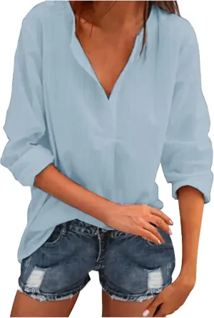 Womens Long Sleeve Cotton T Shirts Summer Dressy Casual Tops Going Out Tops Womens V Neck Cotton T Shirts Blouse