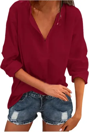 Womens Long Sleeve Cotton T Shirts Summer Dressy Casual Tops Going Out Tops Womens V Neck Cotton T Shirts Blouse