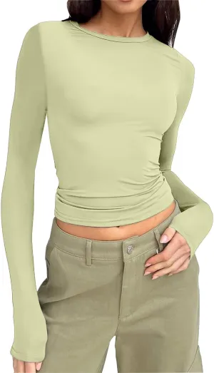Womens Long Sleeve Shirts 2024 Basic Crop Tops Fashion Slim Fit Y2k Workout Clothes Crew Neck Stretch Tshirt Outfits