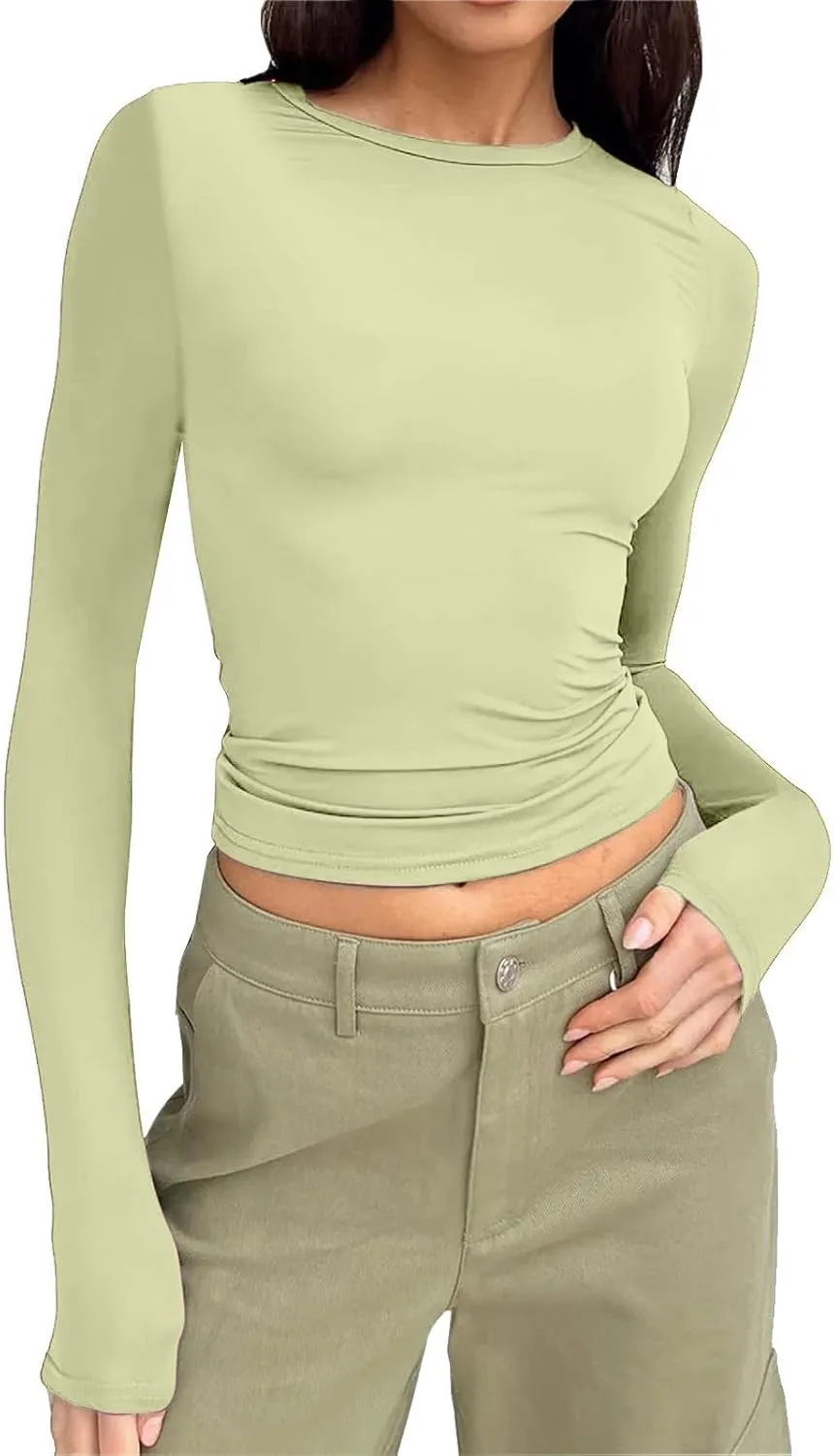 Womens Long Sleeve Shirts 2024 Basic Crop Tops Fashion Slim Fit Y2k Workout Clothes Crew Neck Stretch Tshirt Outfits