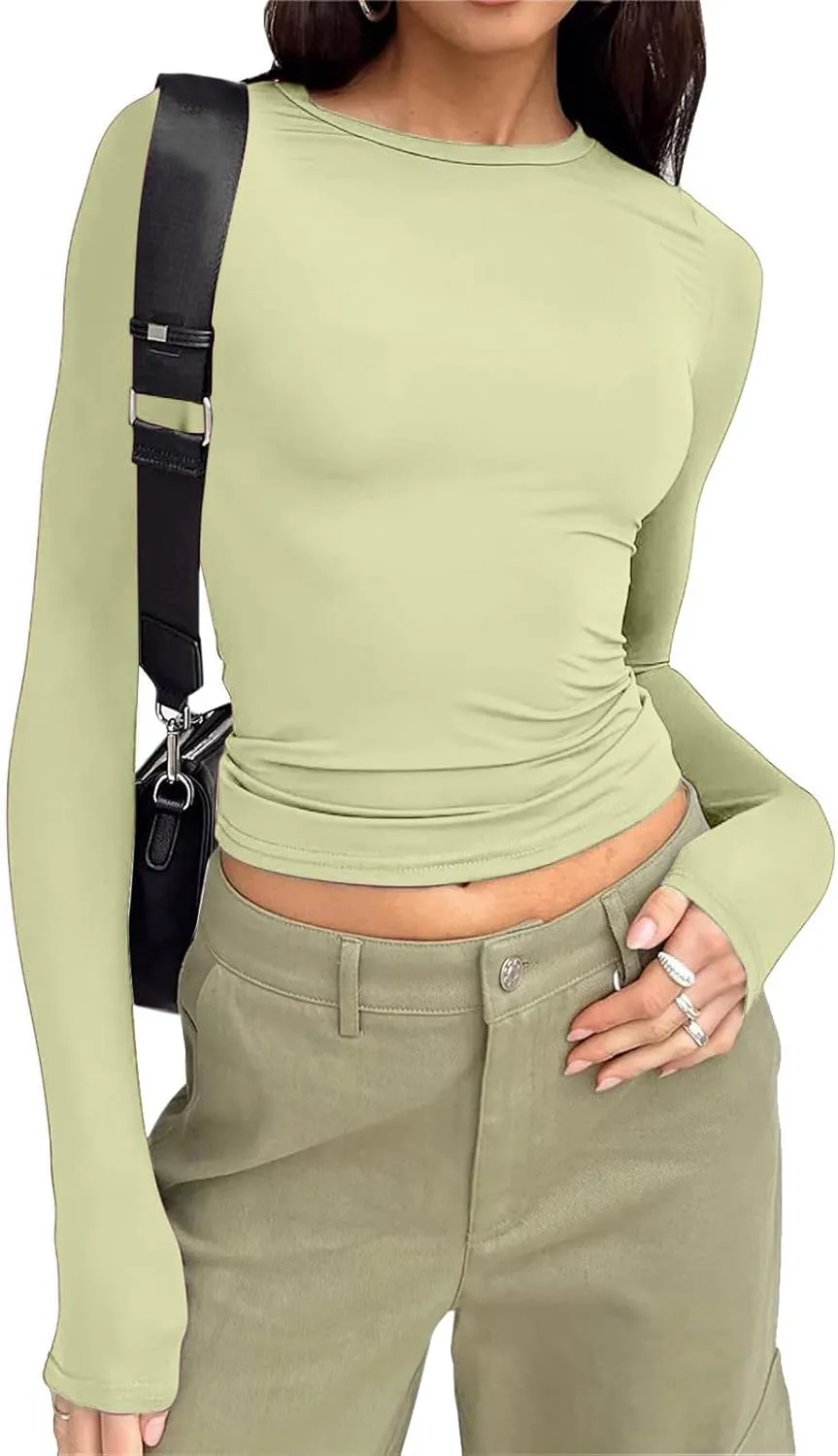 Womens Long Sleeve Shirts 2024 Basic Crop Tops Fashion Slim Fit Y2k Workout Clothes Crew Neck Stretch Tshirt Outfits