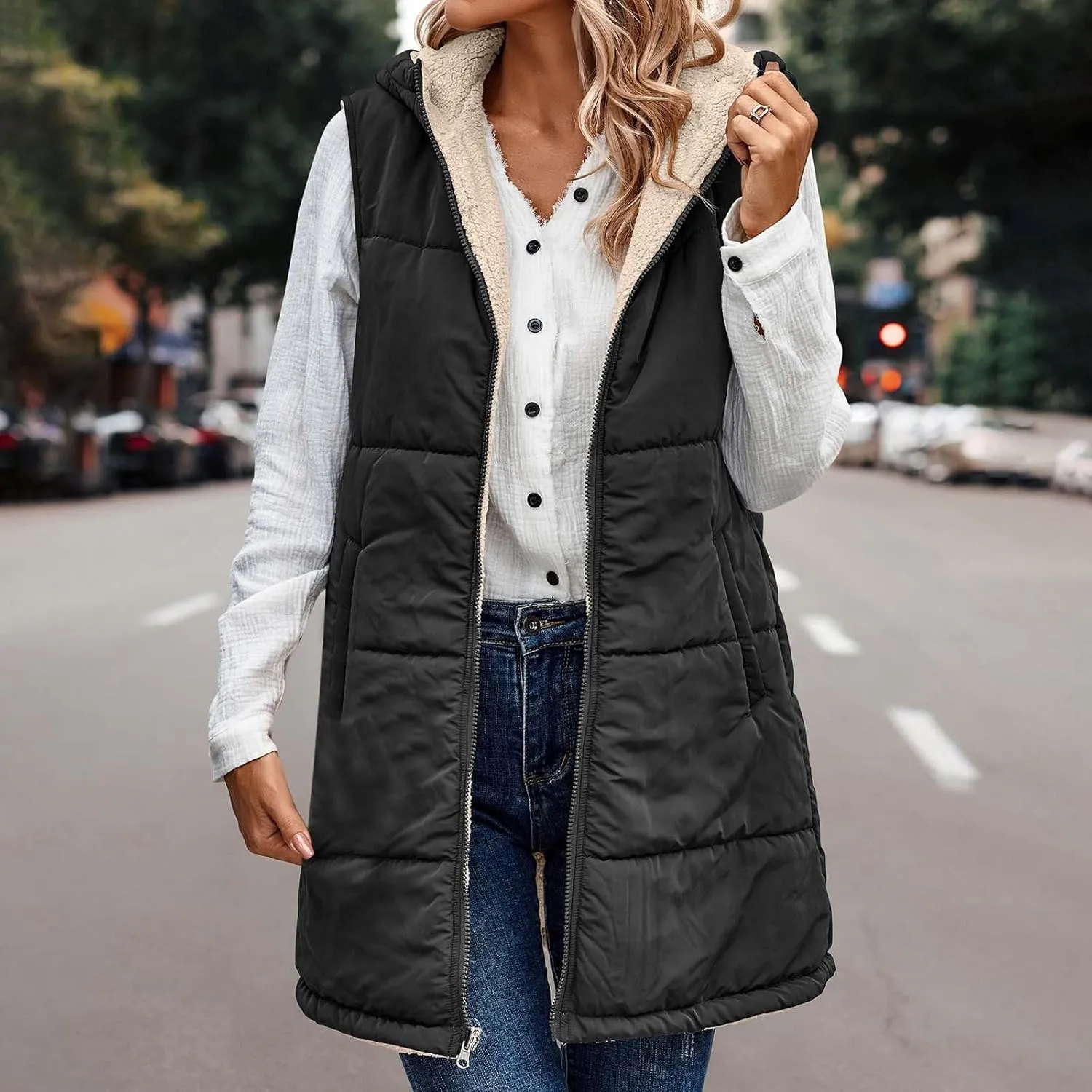 Womens Long Winter Vest Sleeveless Fleece Jacket Quilted Coats Zip Up Hoodie Reversible Sherpa Jacket Vest with Pocket