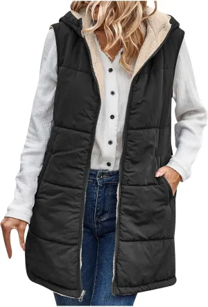 Womens Long Winter Vest Sleeveless Fleece Jacket Quilted Coats Zip Up Hoodie Reversible Sherpa Jacket Vest with Pocket