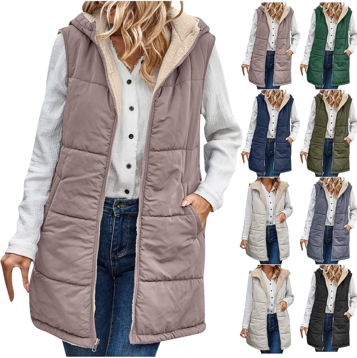 Womens Long Winter Vest Sleeveless Fleece Jacket Quilted Coats Zip Up Hoodie Reversible Sherpa Jacket Vest with Pocket