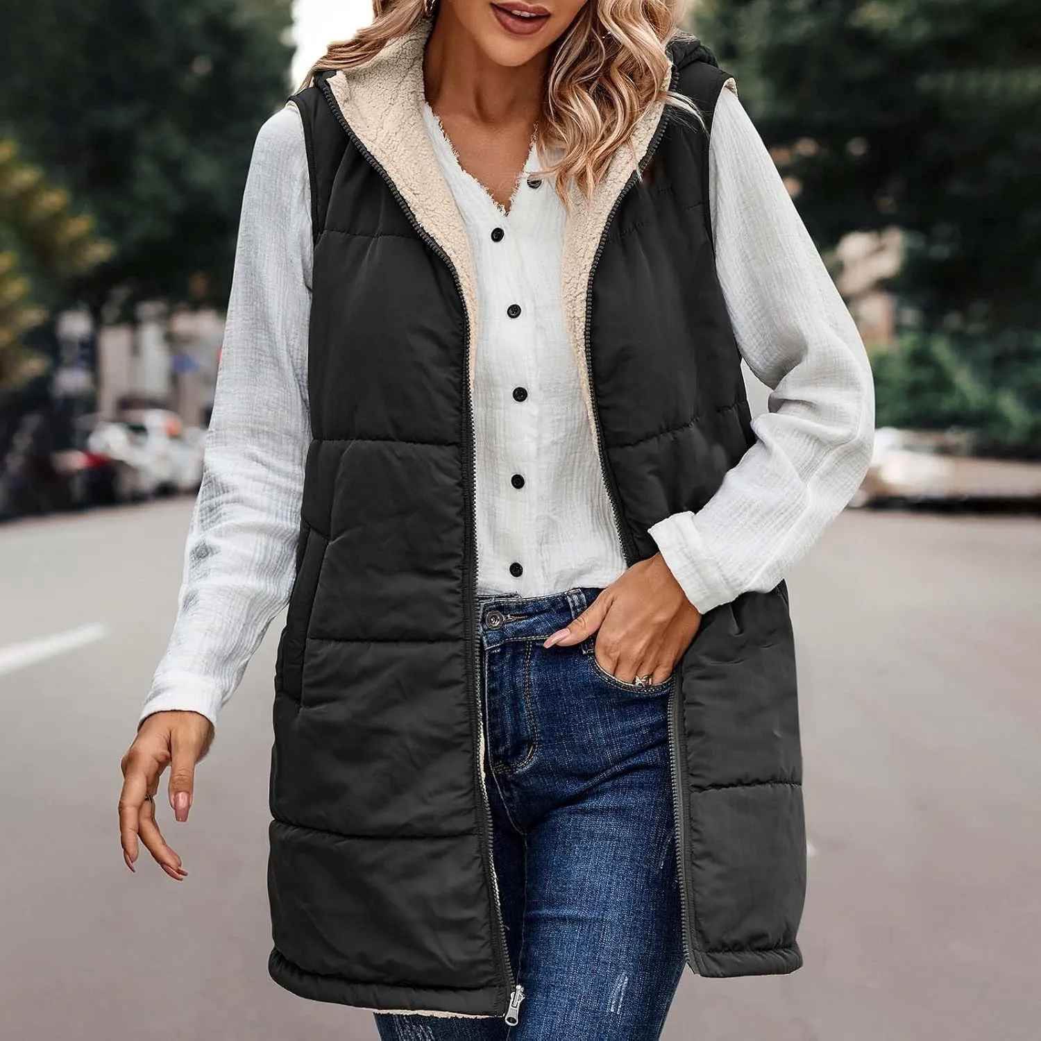 Womens Long Winter Vest Sleeveless Fleece Jacket Quilted Coats Zip Up Hoodie Reversible Sherpa Jacket Vest with Pocket