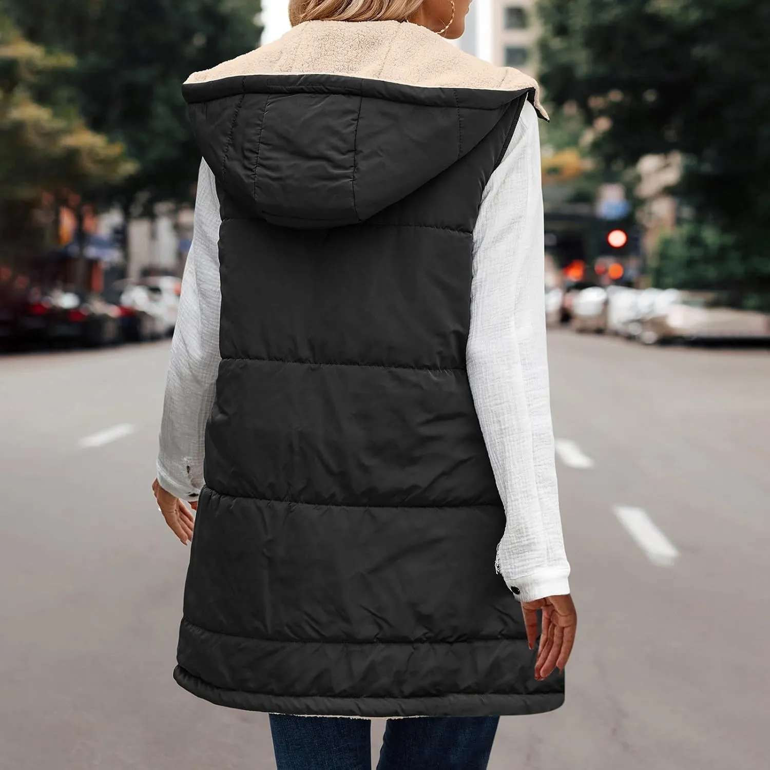 Womens Long Winter Vest Sleeveless Fleece Jacket Quilted Coats Zip Up Hoodie Reversible Sherpa Jacket Vest with Pocket