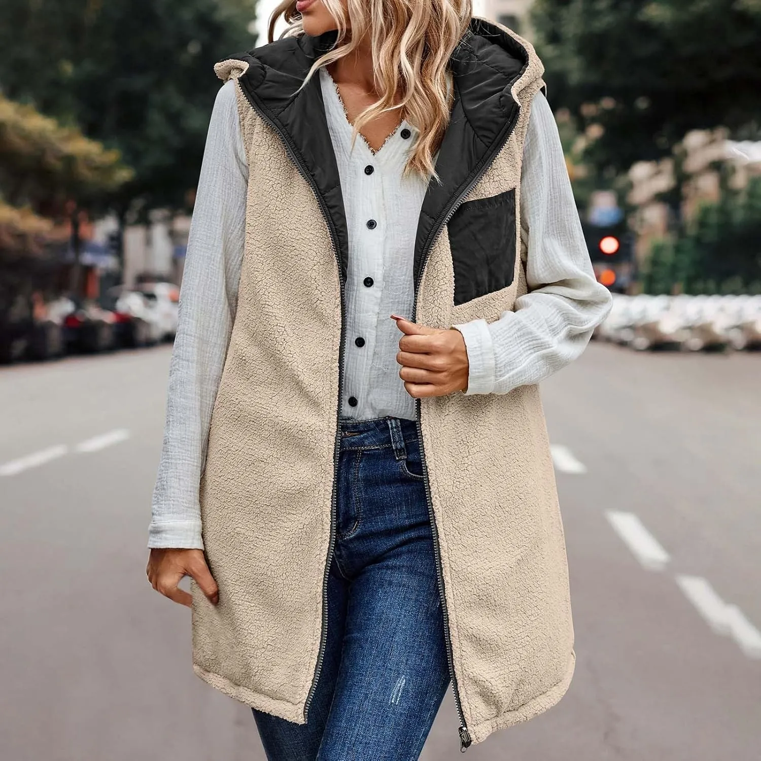Womens Long Winter Vest Sleeveless Fleece Jacket Quilted Coats Zip Up Hoodie Reversible Sherpa Jacket Vest with Pocket