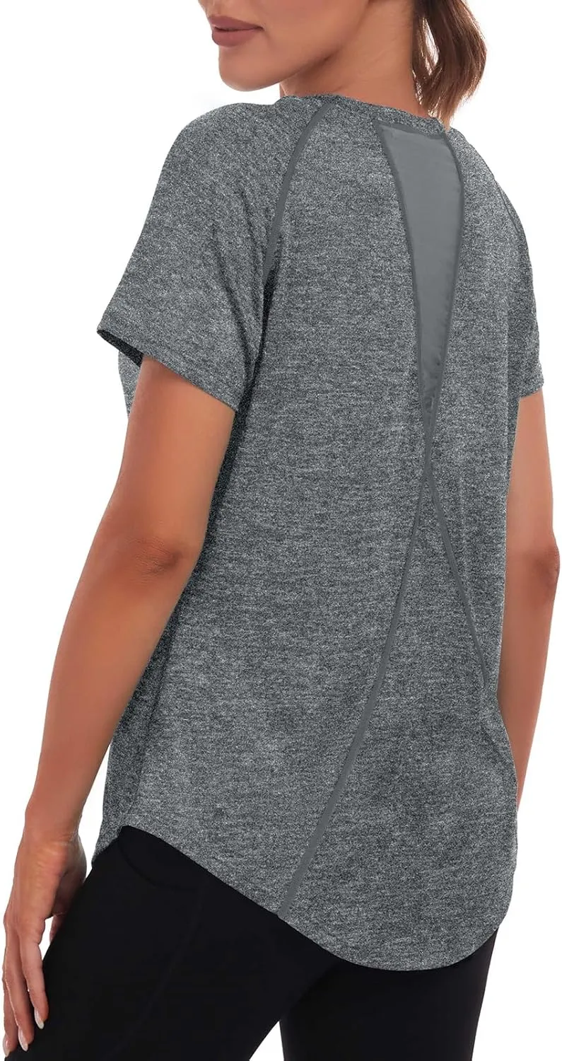 Women's Long Workout Tops,Short Sleeve Dry-Fit Mesh Open Back Loose Fit Gym Athletic Running Shirts Exercise Tee