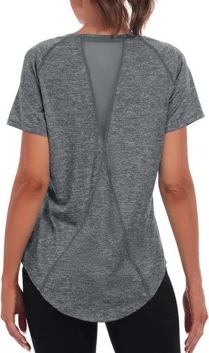Women's Long Workout Tops,Short Sleeve Dry-Fit Mesh Open Back Loose Fit Gym Athletic Running Shirts Exercise Tee