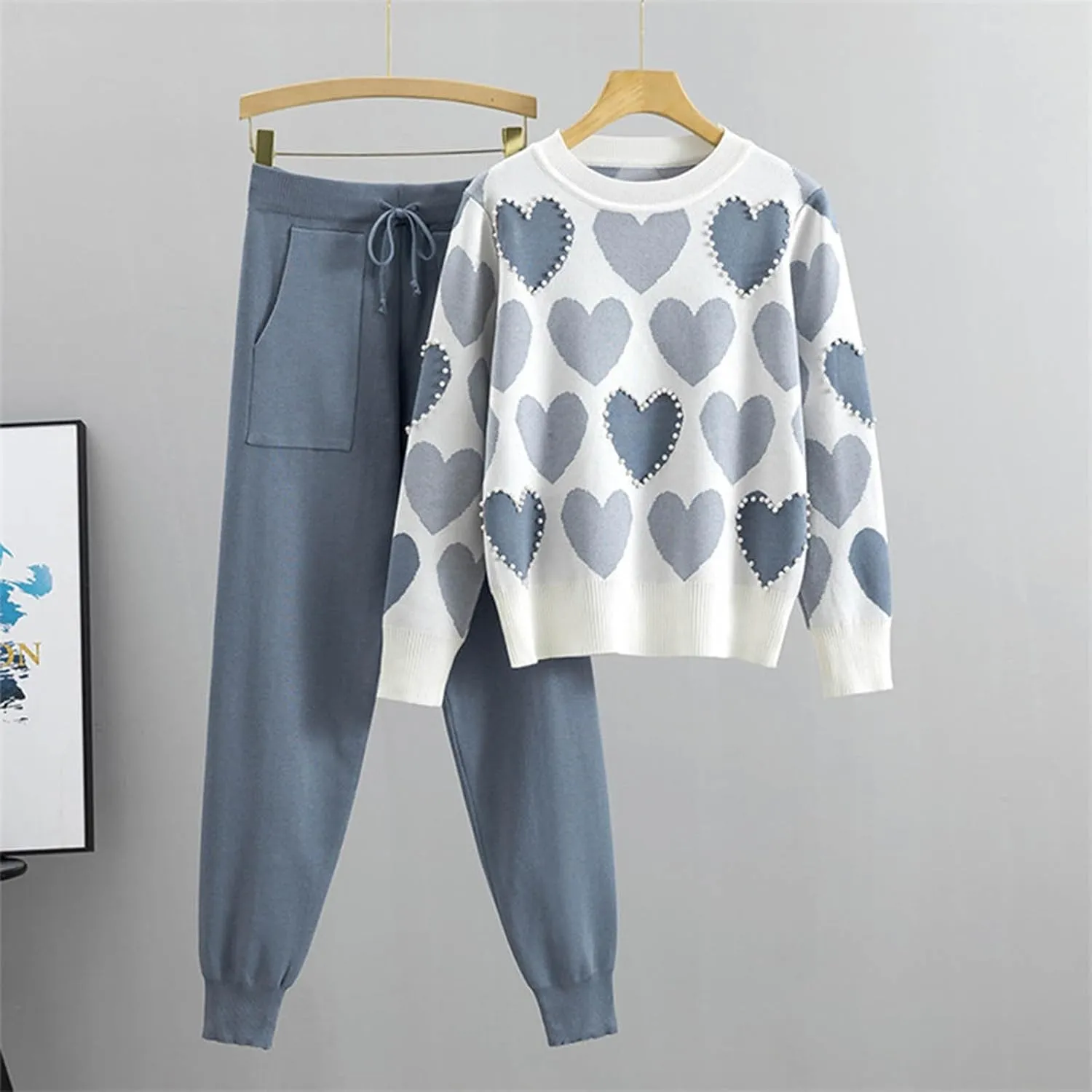 Women's Lounge Sets 2 Piece Casual Outfits Knitted Loungewear Heart Print Pullover Tops and Jogger Pants Set