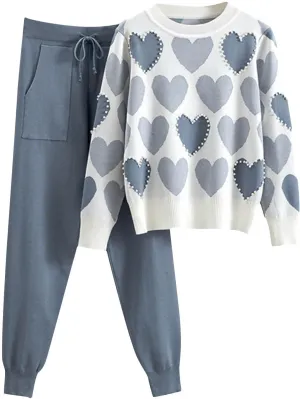 Women's Lounge Sets 2 Piece Casual Outfits Knitted Loungewear Heart Print Pullover Tops and Jogger Pants Set