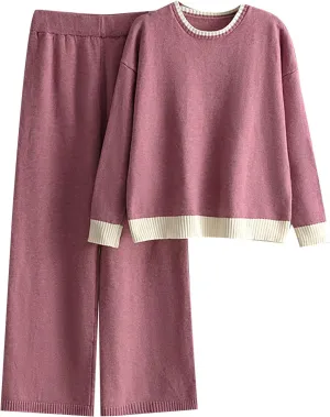 Women's Lounge Sets 2 Piece Outfits Knit Long Sleeve Pullover Sweater Tops Wide Leg Pants Tracksuit Color Block Sets