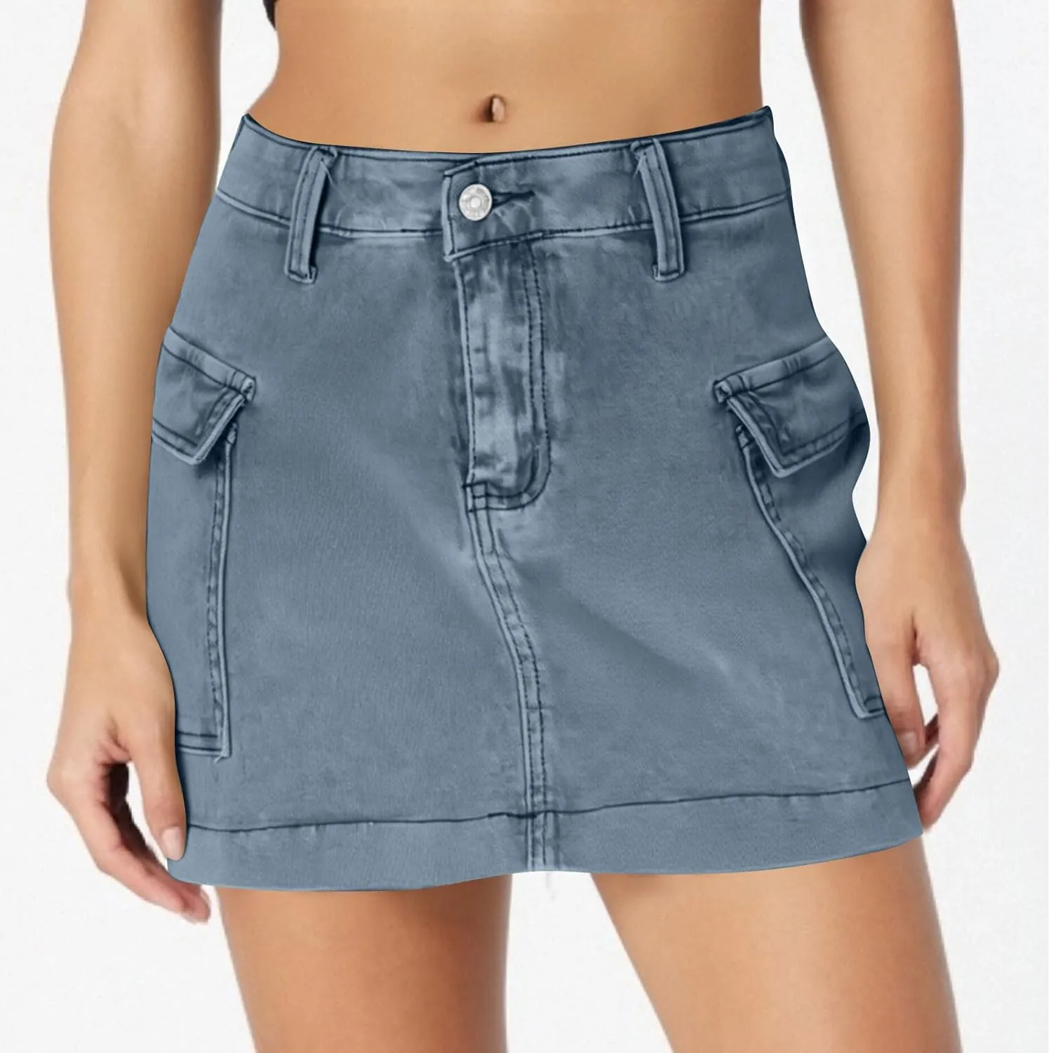 Women's Low Waist Button Bodycon Mini Cargo Denim Skirt with Pocket 2025 Summer Trendy Stretchy Short Pencil Skirts