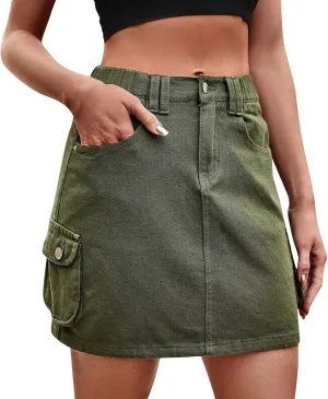 Women's Low Waist Button Bodycon Mini Cargo Denim Skirt with Pocket Low Rise Pocket Mini Bodycon Denim Jean (B-012, XXL)
