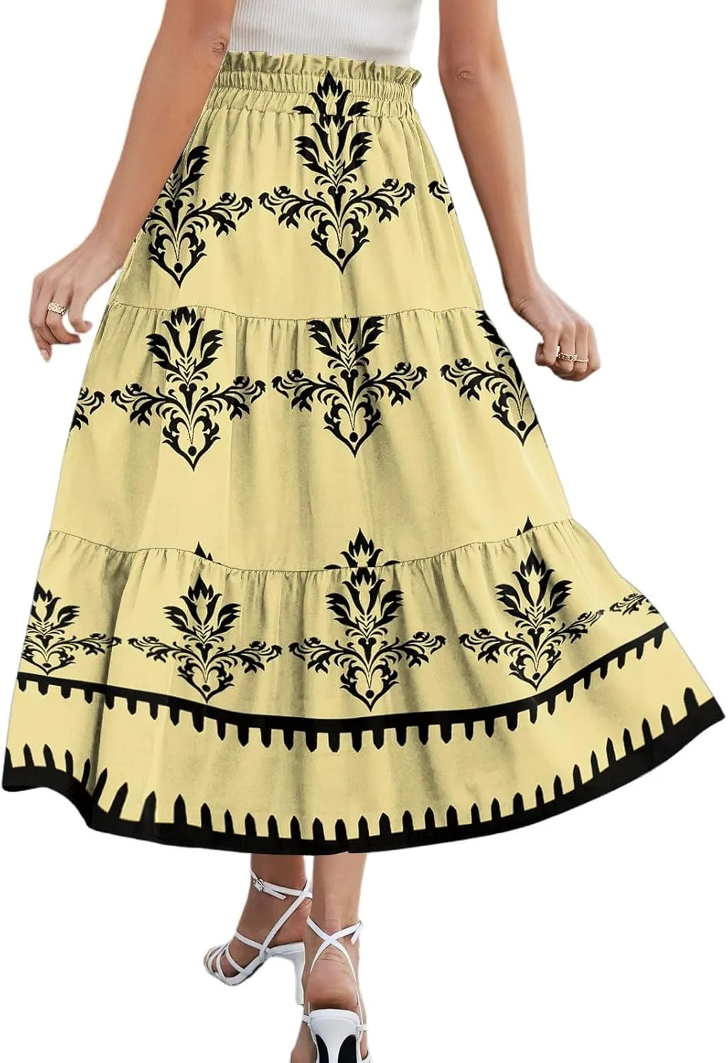 Womens Maxi Skirt Drawstring High Waisted Summer Skirts Lightweight Tiered Flowy Floral Pleated Skirts with Pockets