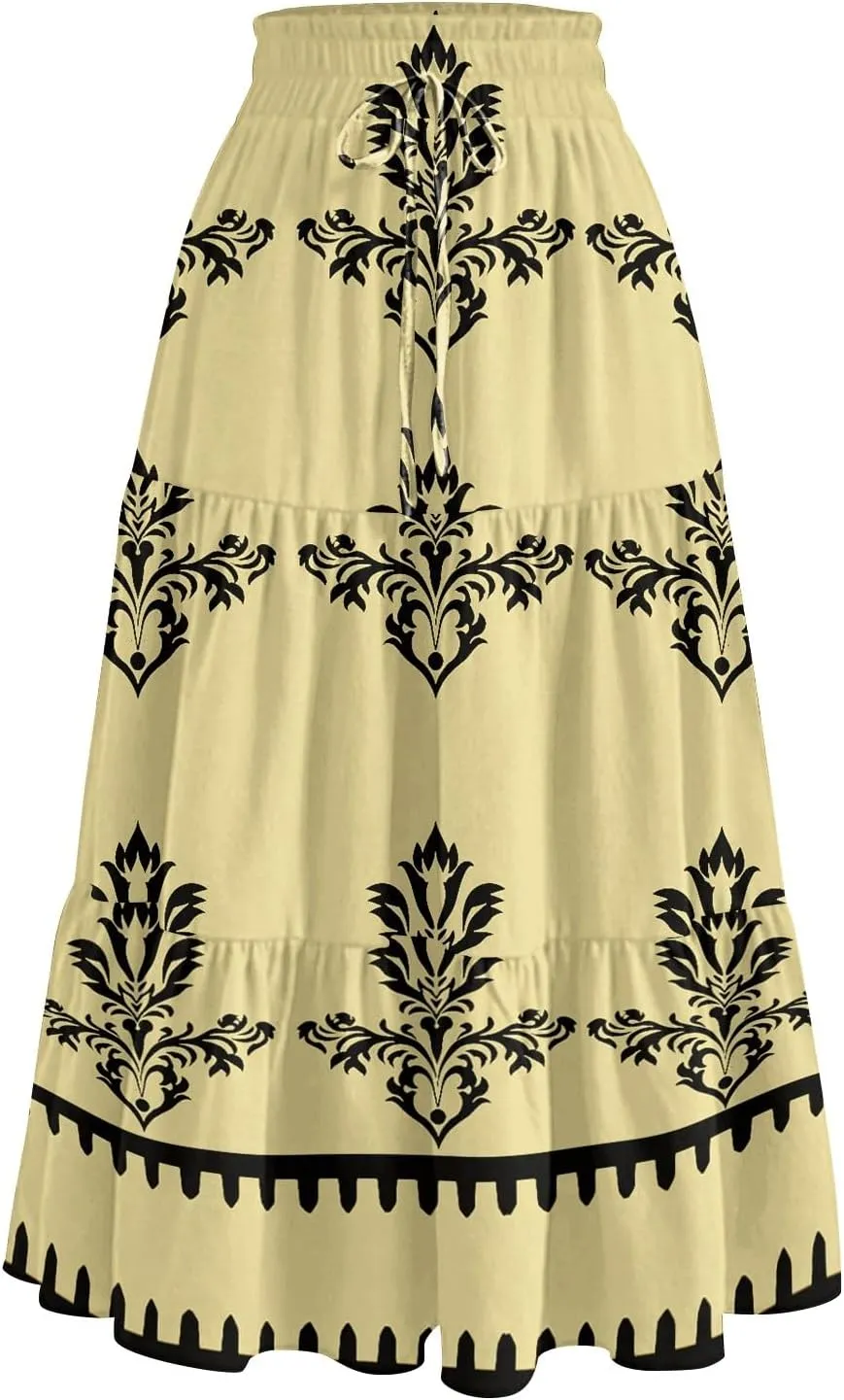 Womens Maxi Skirt Drawstring High Waisted Summer Skirts Lightweight Tiered Flowy Floral Pleated Skirts with Pockets