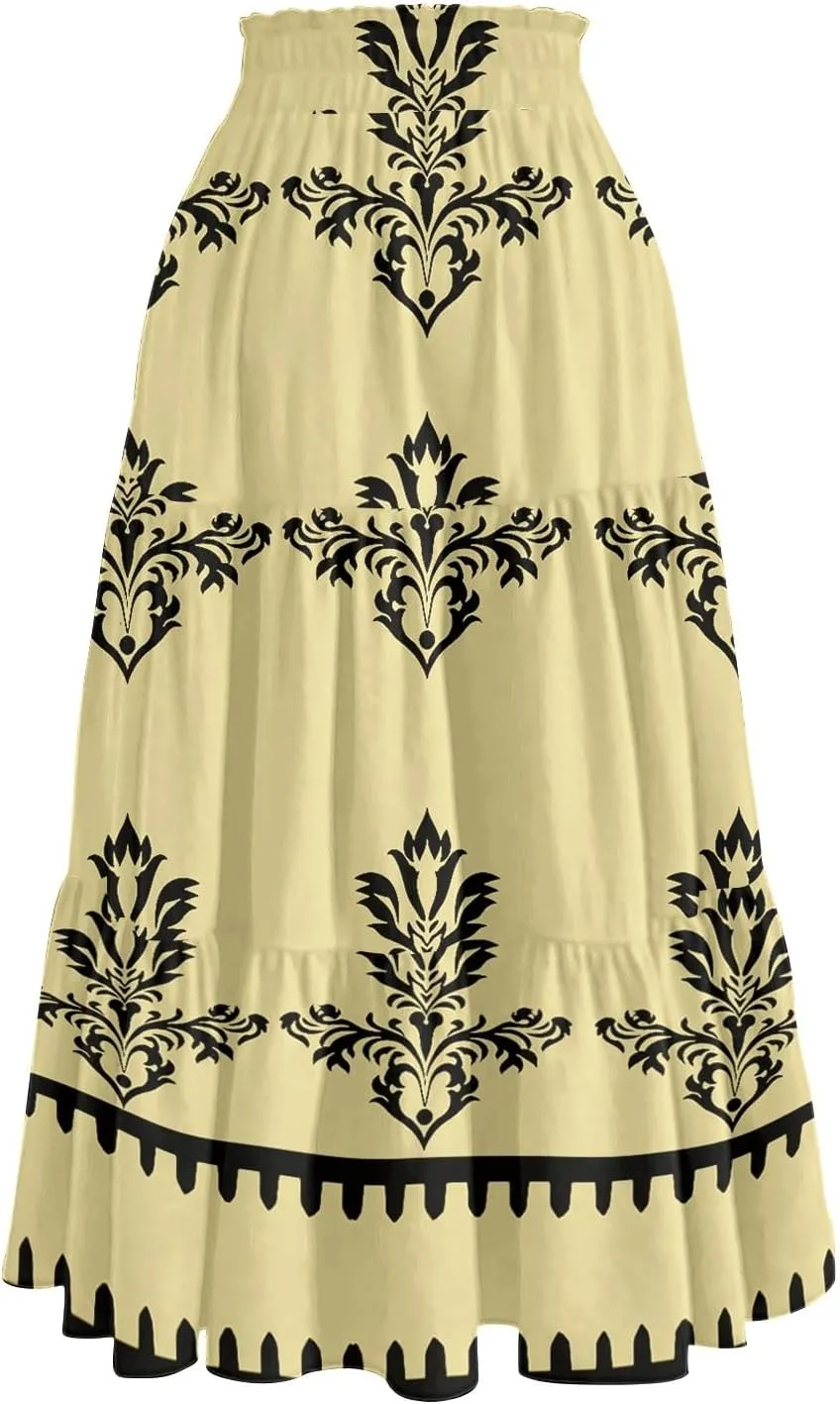 Womens Maxi Skirt Drawstring High Waisted Summer Skirts Lightweight Tiered Flowy Floral Pleated Skirts with Pockets