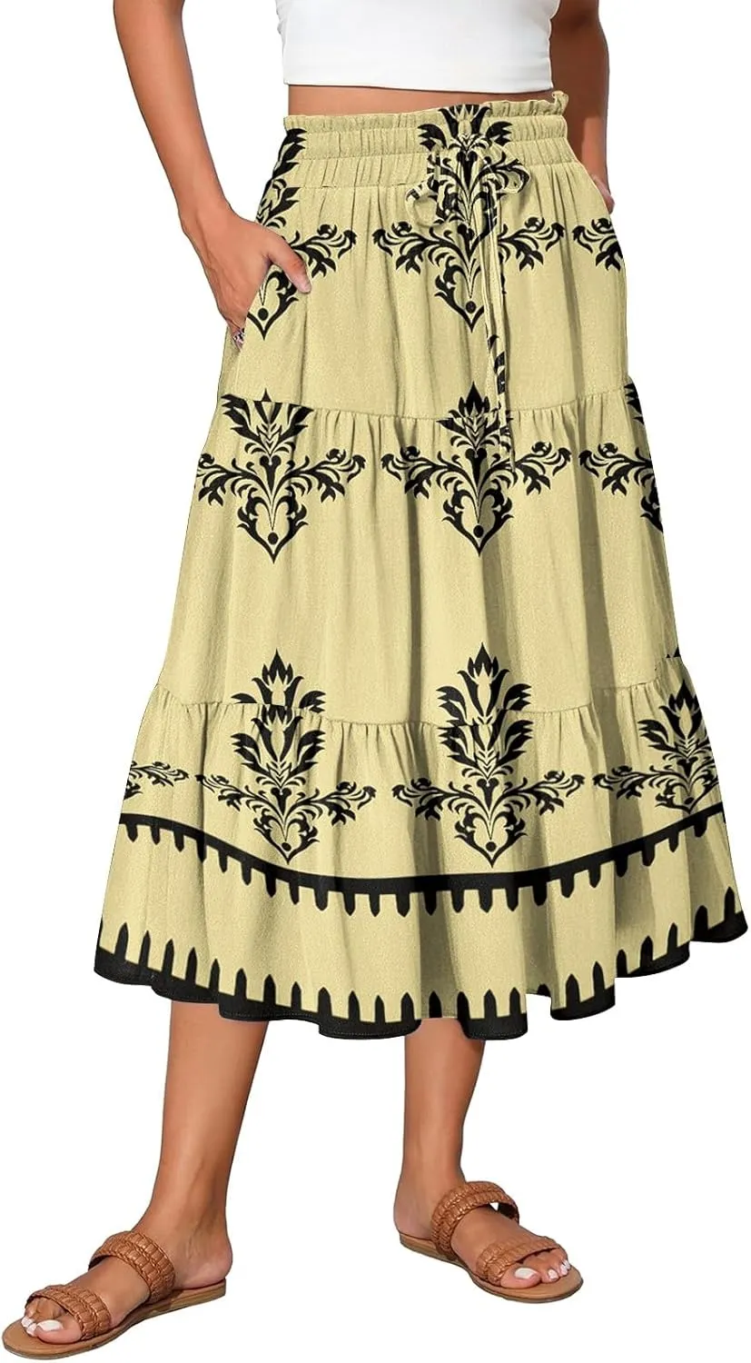 Womens Maxi Skirt Drawstring High Waisted Summer Skirts Lightweight Tiered Flowy Floral Pleated Skirts with Pockets