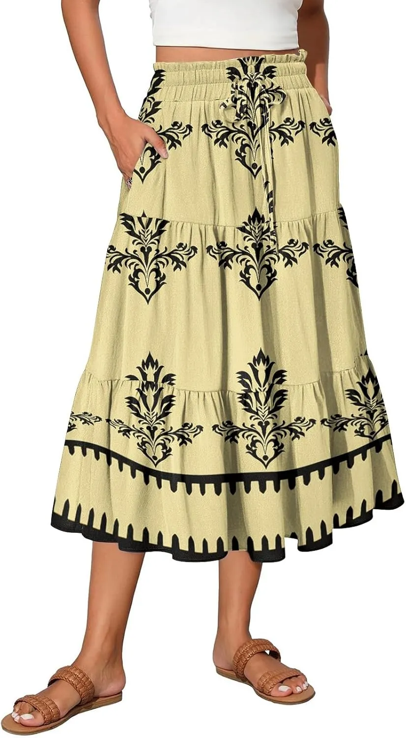 Womens Maxi Skirt Drawstring High Waisted Summer Skirts Lightweight Tiered Flowy Floral Pleated Skirts with Pockets