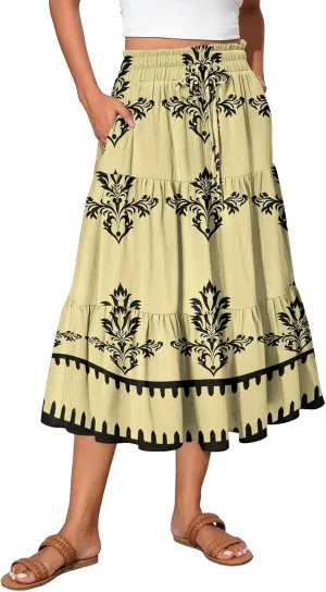Womens Maxi Skirt Drawstring High Waisted Summer Skirts Lightweight Tiered Flowy Floral Pleated Skirts with Pockets