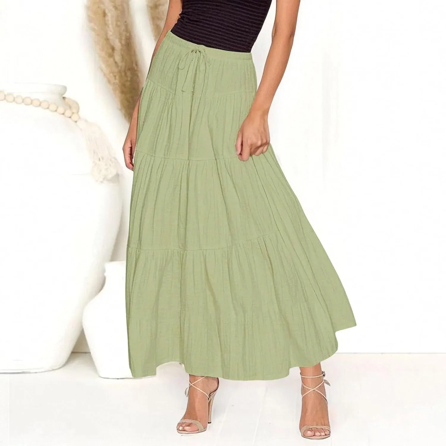 Womens Maxi Skirt Summer Floral Printed Boho Easter Long Skirts A Line Tiered Beach Vacation Dress with Pockets