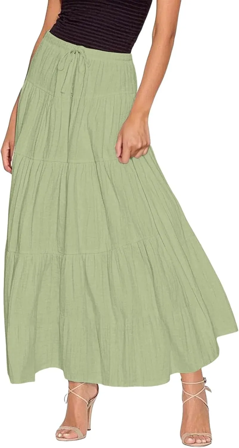 Womens Maxi Skirt Summer Floral Printed Boho Easter Long Skirts A Line Tiered Beach Vacation Dress with Pockets