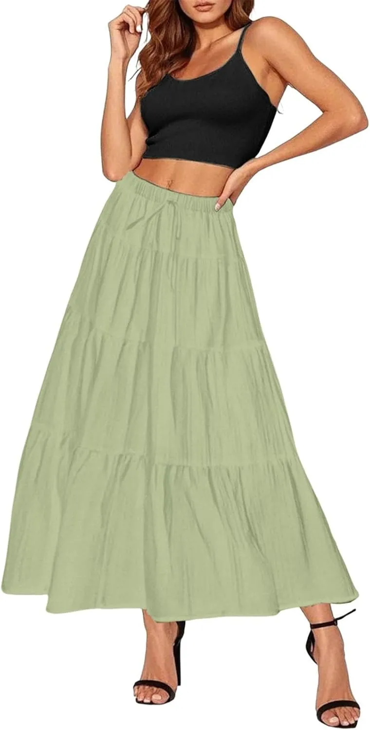 Womens Maxi Skirt Summer Floral Printed Boho Easter Long Skirts A Line Tiered Beach Vacation Dress with Pockets
