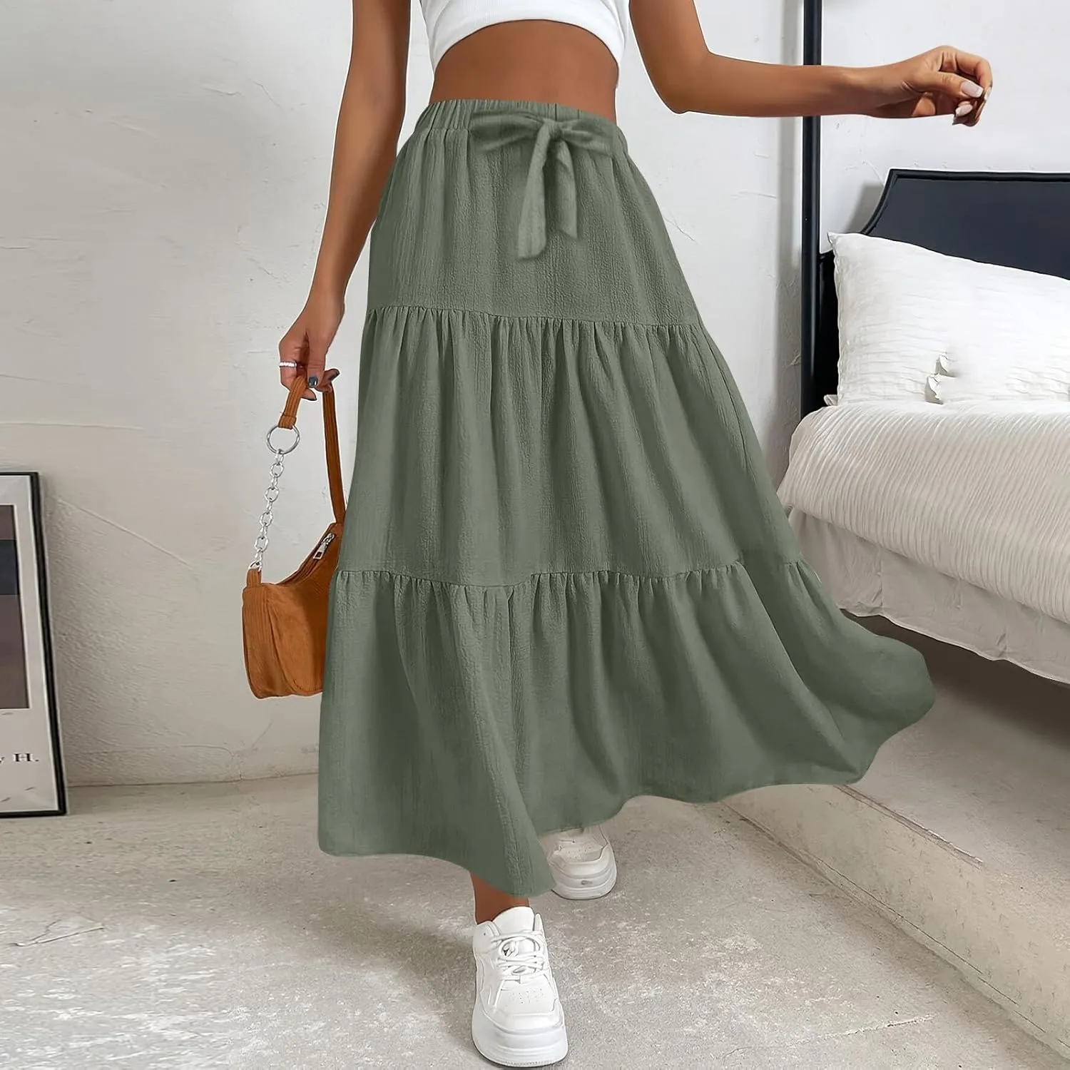 Womens Maxi Skirt Summer Layered Tiered Elastic Skirts for Work Pleated A Line Skirt Flowy Long Skirts Flowy (S-2Xl)