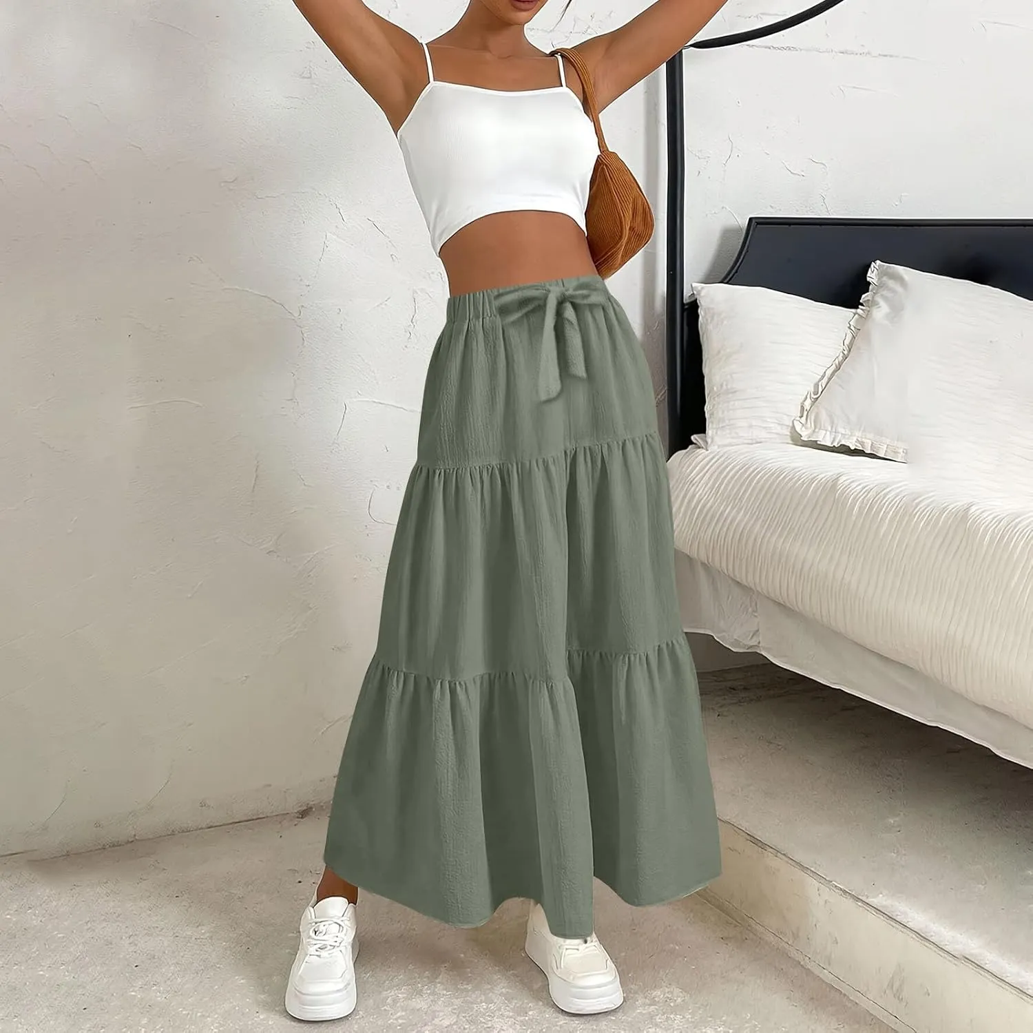 Womens Maxi Skirt Summer Layered Tiered Elastic Skirts for Work Pleated A Line Skirt Flowy Long Skirts Flowy (S-2Xl)