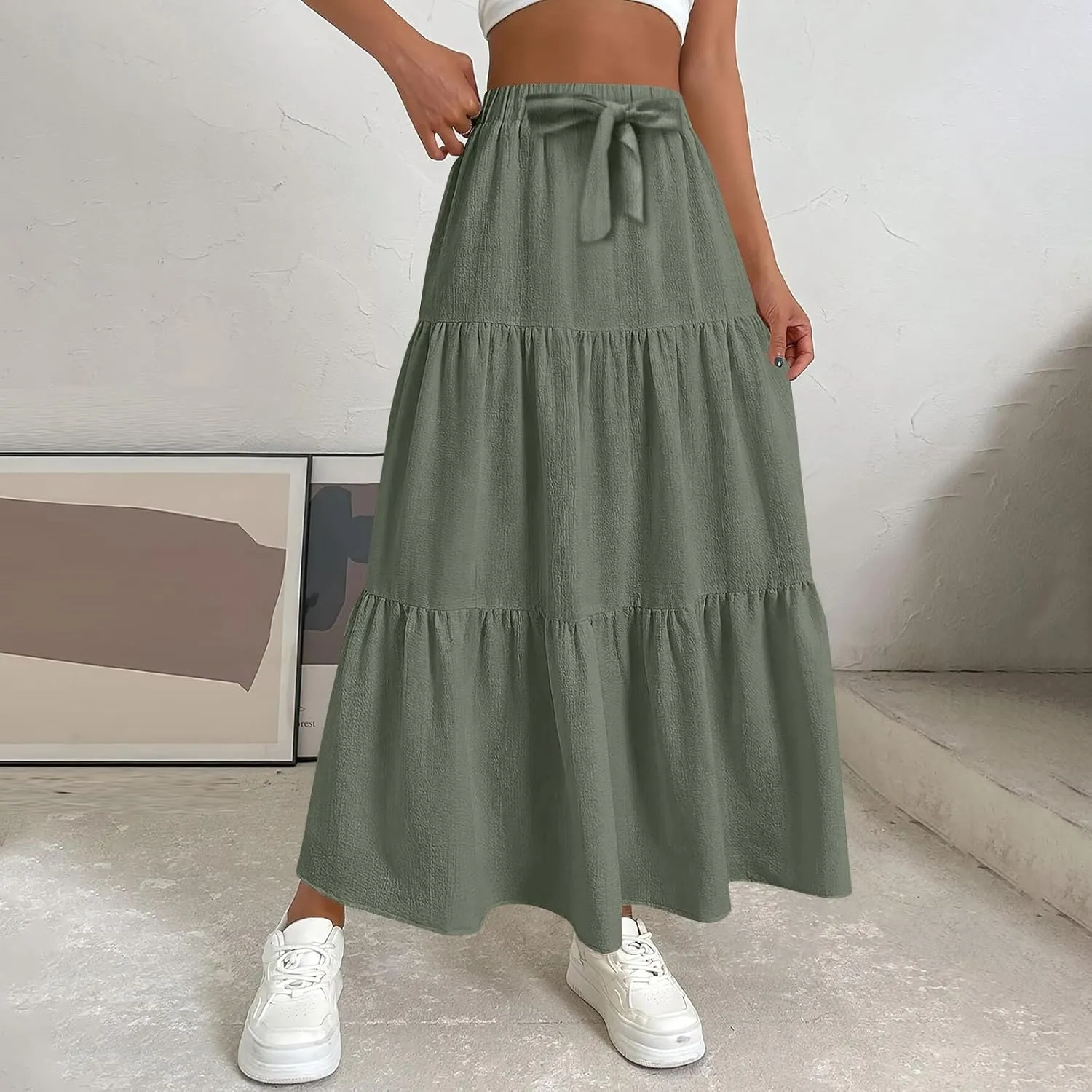 Womens Maxi Skirt Summer Layered Tiered Elastic Skirts for Work Pleated A Line Skirt Flowy Long Skirts Flowy (S-2Xl)