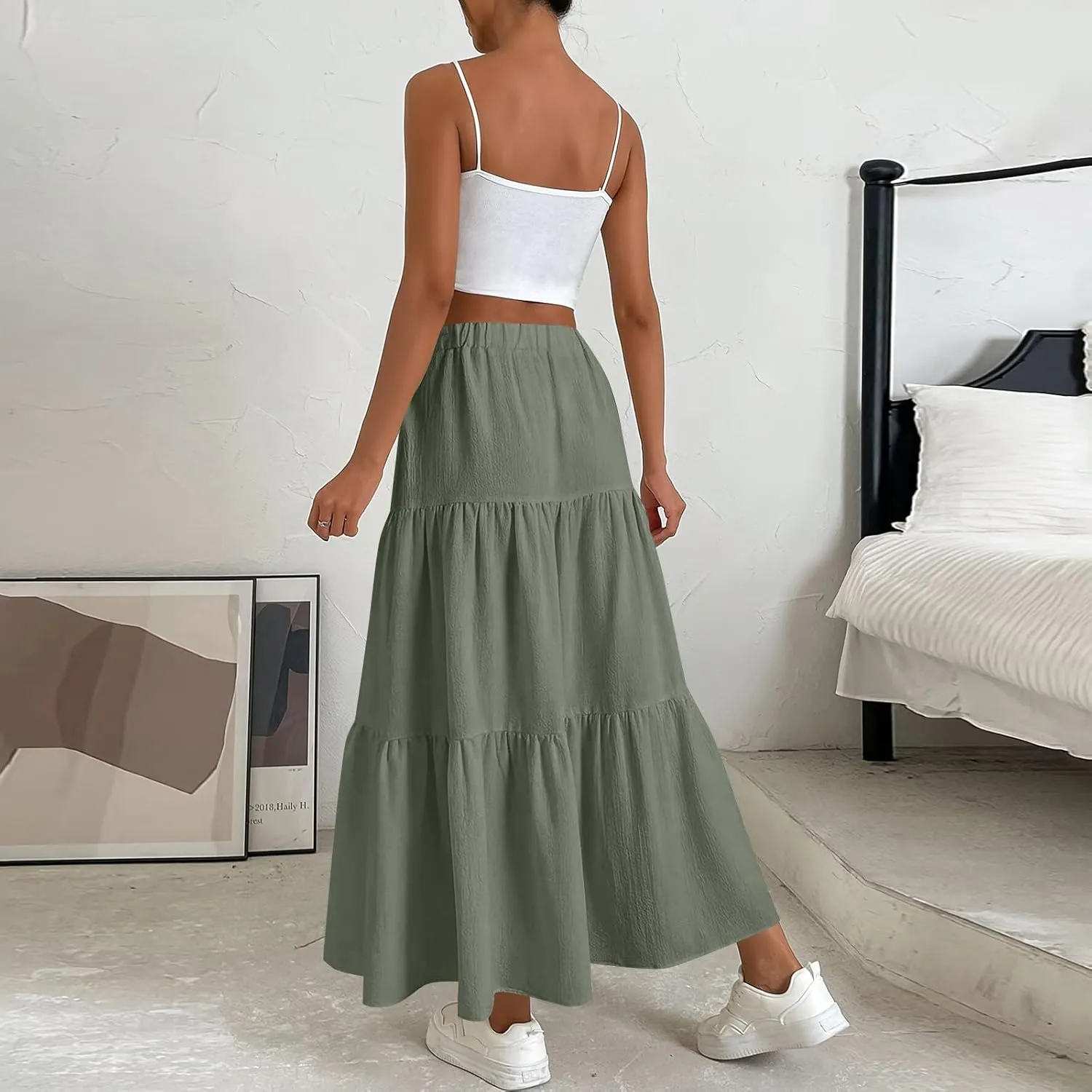 Womens Maxi Skirt Summer Layered Tiered Elastic Skirts for Work Pleated A Line Skirt Flowy Long Skirts Flowy (S-2Xl)
