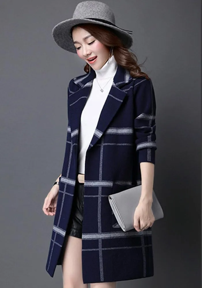 Women's Midi Winter Wool Blend Coat Open Front Outerwear Trench Overcoat