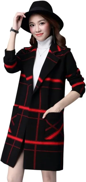 Women's Midi Winter Wool Blend Coat Open Front Outerwear Trench Overcoat