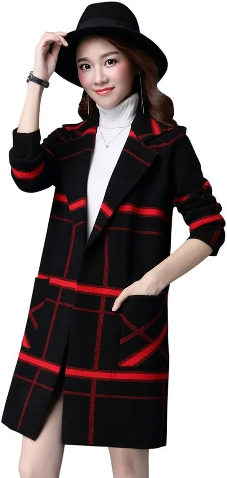 Women's Midi Winter Wool Blend Coat Open Front Outerwear Trench Overcoat