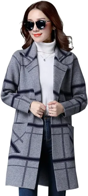 Women's Midi Winter Wool Blend Coat Open Front Outerwear Trench Overcoat