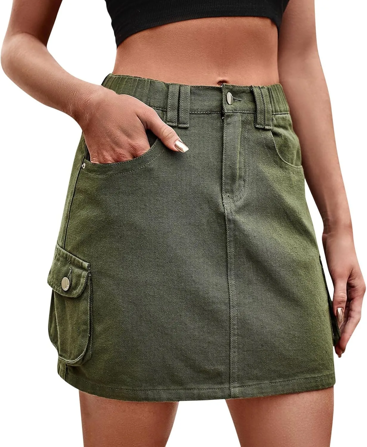 Women's Mini Cargo Skirts Solid Color Casual Low Waist Short Denim Jean Skirt with Pocket Women Denim Skirt