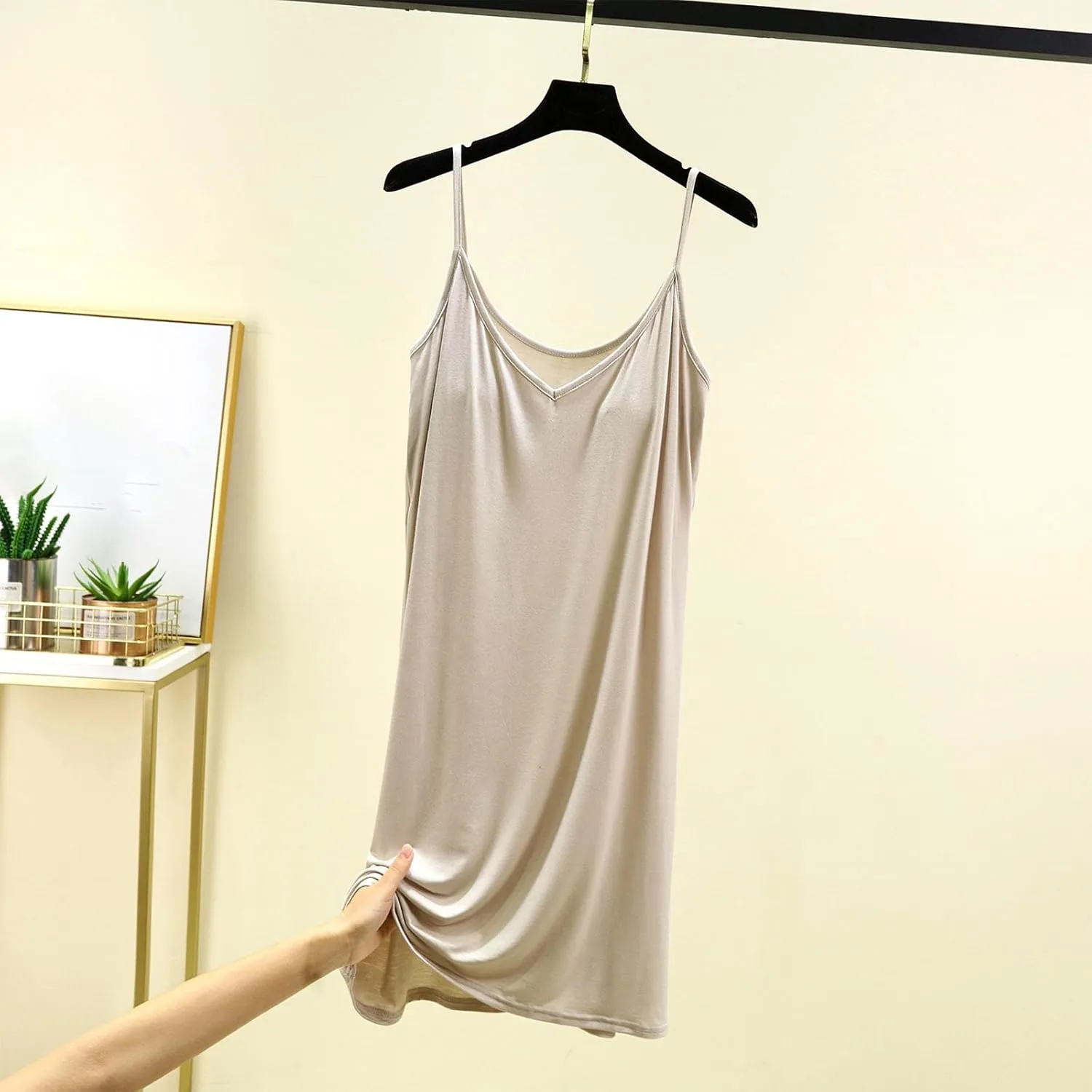 Womens Modal Nightgown Full Slip Midi Loose Dress Built in Padded Bra Sexy Spaghetti Strap Mini Cami Tank Sleepwear