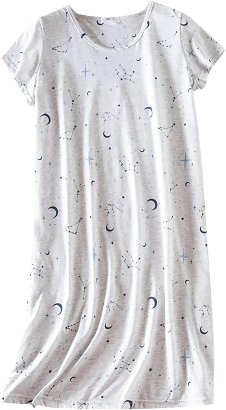 Womens Nightgown Cotton Sleepwear Plus Size Sleep Shirt Short Sleeve Nightshirt Print Sleepshirt Night Gown for Women